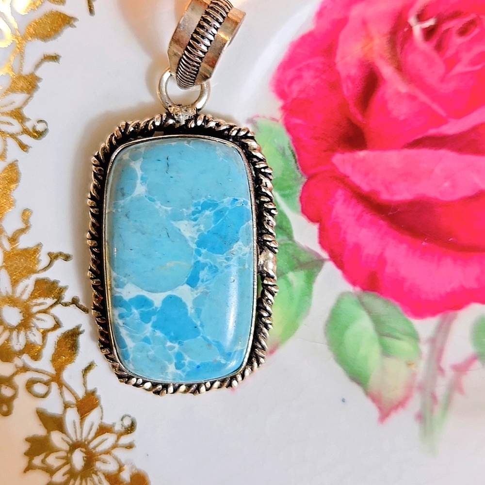 Handmade Blue/Wht Rectangular-Shaped, Pendant.It's 1 1/2"x 2 1/8".925 Ster.Plate